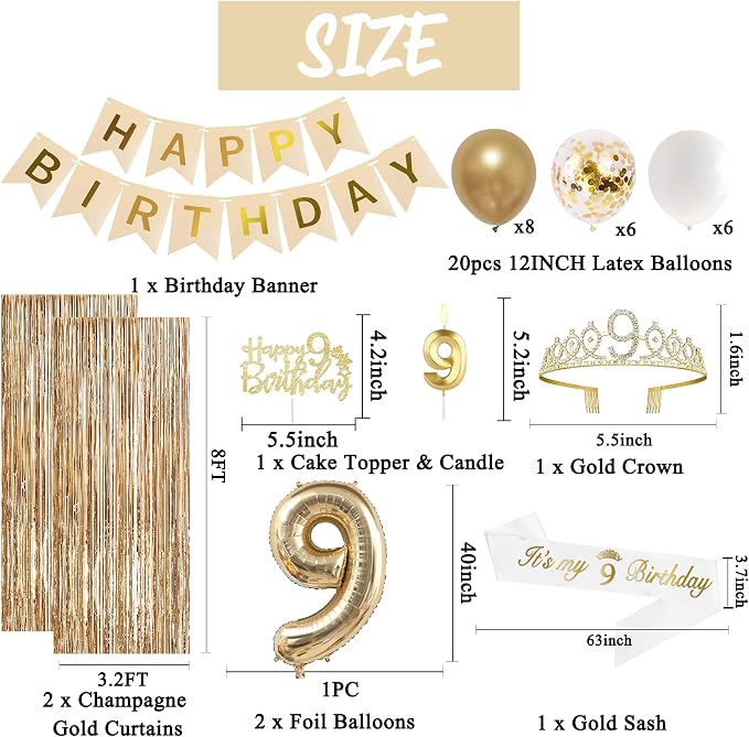 Trgowaul 9th Birthday Decorations for Girls, Banner, Sash and Crown, Cake Topper, 9 Number Balloon, Fringe Curtains, Champagne Gold 9th Birthday Party Supplies