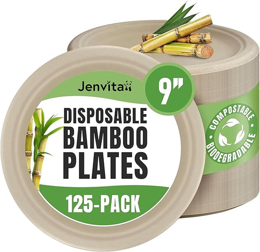 Bamboo Paper Plates Compostable (125-Pack, 9-inch) | Sturdy & Microwave Safe | Heavy Duty Brown Disposable Plates | PFAS Free, Biodegradable | FSC Certified Alternative to Plastic