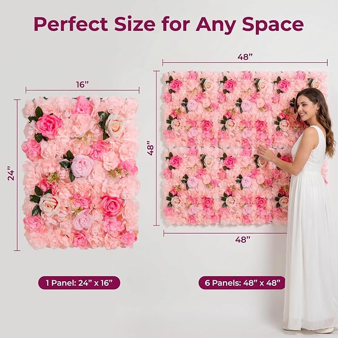 3D Flower Wall Backdrop 6 Pack, 24x16 Inch Soft Pink Artificial Rose Panels for Wedding, Party, Photo Studio, Home & Fence Decor