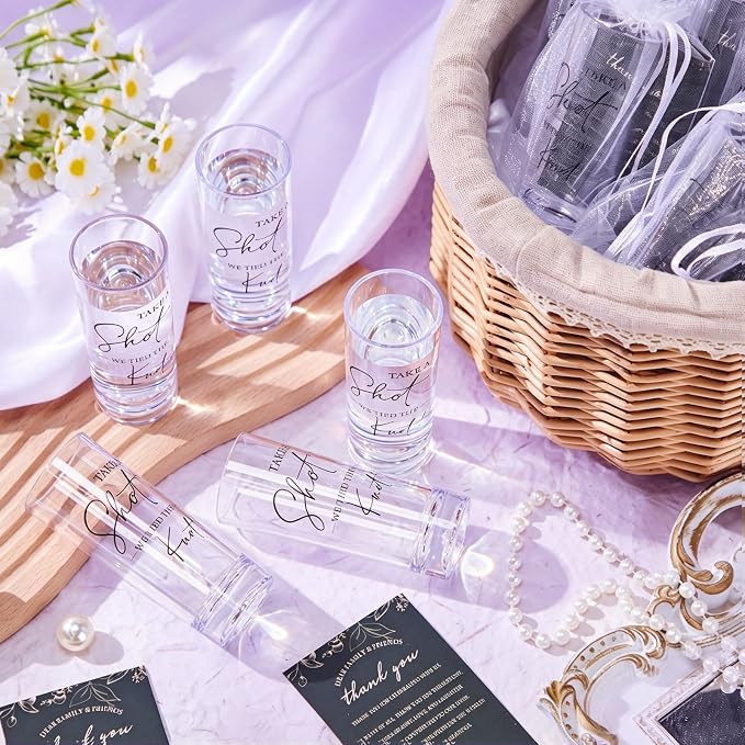 Sliner 50 Set Wedding Favors for Guests Bulk 2oz Acrylic Take a Shot We Tied the Knot Shot Glasses with Thank You Cards Organza Bags for Guest Souvenir Wedding Bridal Shower Gifts (Clear,Black)
