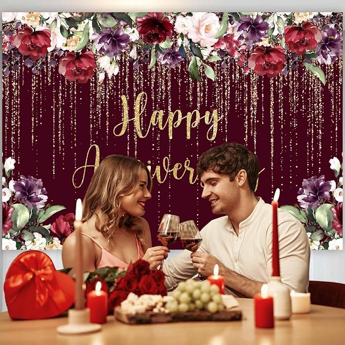 Happy Anniversary Backdrop Party Decorations, Burgundy Flower Wedding Anniversary Party Photography Background Couple Marriage Engagement Commemoration Day Banner Photo Shoot Props 7x5ft