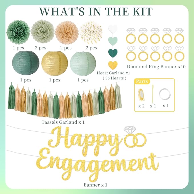 Kriyokiaa Engagement Party Decorations Sage Green Engaged Decorations with Gold Happy Engagement Banner, Includes Paper Pom Poms Paper Lanterns, Tassels for Couple Bridal Shower Decor