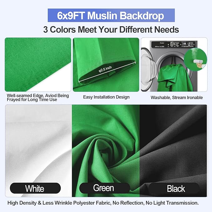 EMART 8.5x10ft Green Screen Backdrop Kit with 6x9ft Polyester Backdrop(Black/White/Green), Adjustable Photography Background Support System for Studio Photography, Parties, Wedding, Video Shooting | Adjustable Background Stand with Black/White/Green Sc...