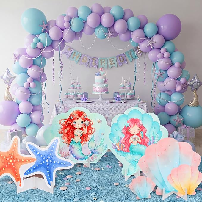 Honoson 4 Pcs Large 30" Small Mermaid Princess Birthday Cardboard Cutouts Standup, Ocean Shell Starfish Photo Backdrop Props for Princess Theme Mermaid Party Decorations