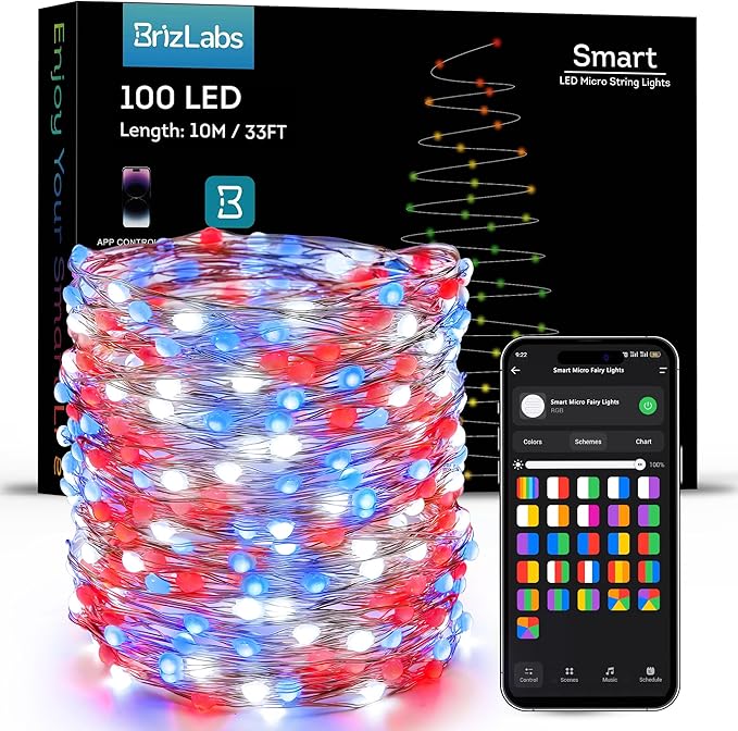 BrizLabs Smart July 4th Lights, 33ft 100 LED Red White Blue Fairy Lights Work with Alexa/Google Home, WiFi Xmas Light Dimmable RGB Color Changing Twinkle Starry Light for Xmas Home Party Halloween