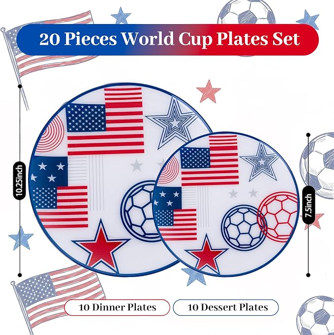 I00000 20 Pcs Plastic Soccer Plates - Heavy Duty Disposable Plates for Global Soccer Celebration Party Supplies include 10.25" Dinner Plate& 7.5" Dessert Plate for soccer Party