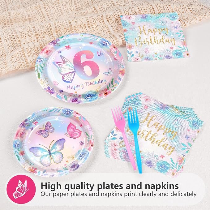 Greencian 96Pcs Butterfly 6th Birthday Party Decorations Butterflies Theme Disposable Sets for Girl Colorful Butterfly Plates, Napkins and Forks, 8 Years Old Birthday Party Supplies Serves 24