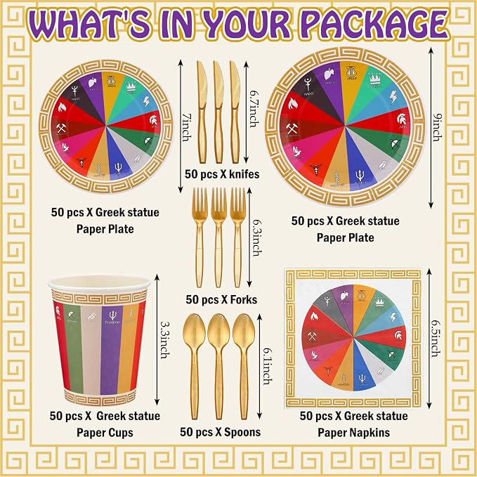FoldTier 350 Pcs Greek Mythology Party Supplies Greek God Disposable Plates Napkins Cups Tableware Set, Ancient Greeks Themed Party Decorations for Camp Half Blood Birthday, Serves 50