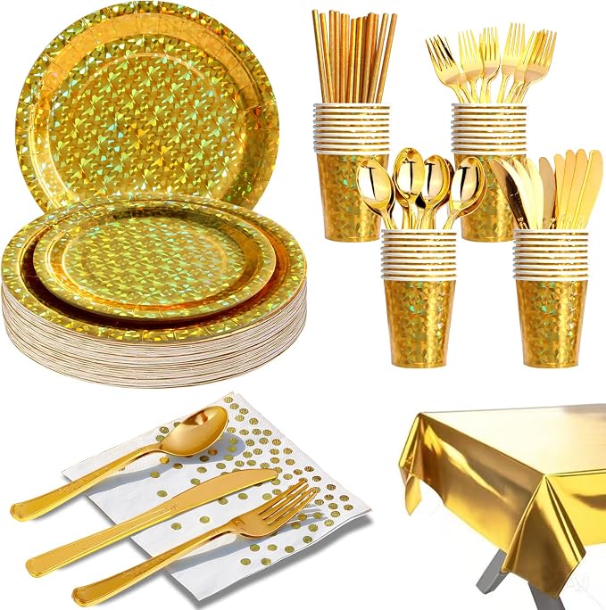 201-piece disposable party tableware set with paper plates, cups, napkins, straws, tablecloths, plastic knives, forks and spoons for a variety of party occasions for up to 25 people (Golden Glass)