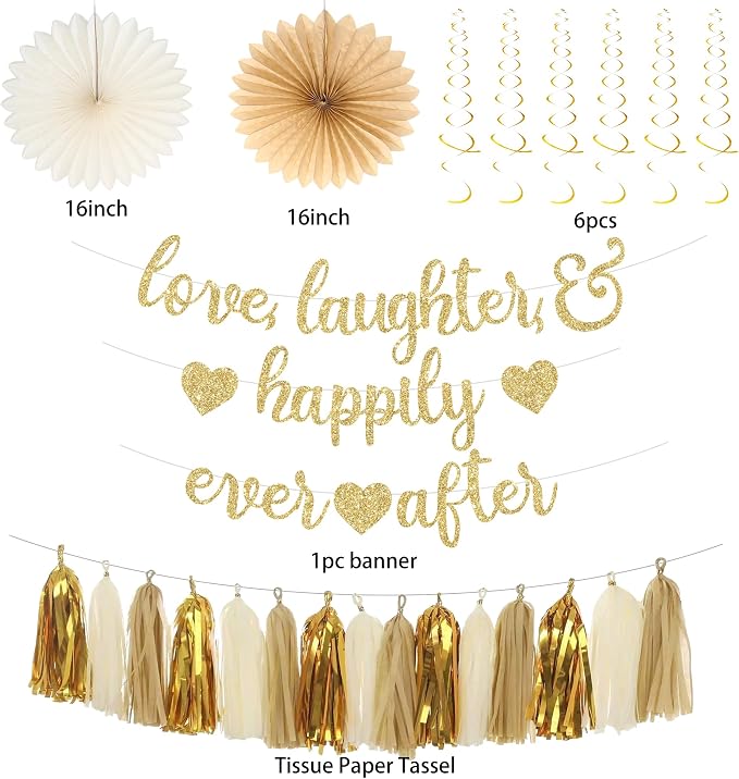 Roetyce Engagement Party Decorations, Gold Glitter Love Laughter & Happily Ever After Banner for Bridal Shower, Wedding Bachelorette Party Backdrop, Almost Married/Just Engaged Photo Background Decor