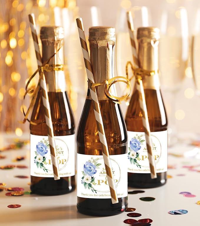It’s a Boy Mini Champagne Bottle Labels ● SET of 12 ● She’s Ready To POP Baby Shower Favor Label, About to POP Thank You Favors, Blue Boy Baby Shower Gender Reveal Waterproof (Floral)