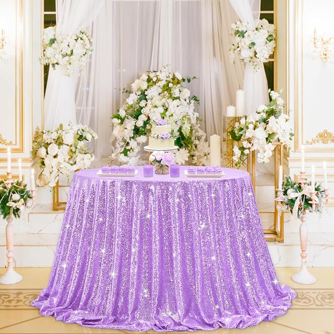 B-COOL Round Sequin Tablecloth Party Decor: 120 Inch Table Cloth Lavender Glitter Fabric Overlay for Indoor Outdoor Dining Parties Home