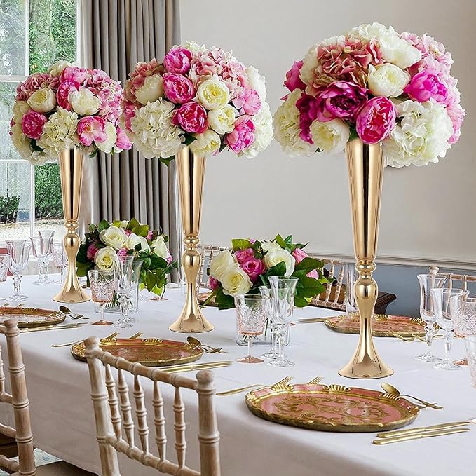 Metal Trumpet Vases for Centerpieces - Set of 10 Elegant Gold Vases for Table, 21.9" Tall Flower Stands for Table Centerpieces Anniversary Celebration Christmas Event Party Home Wedding Decorations