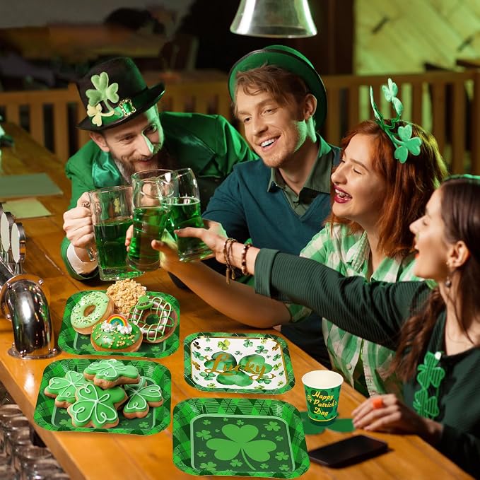 400 Pcs St Patrick Day Shamrock Lucky Clover Plaid Green Tableware Set Paper Plate Napkin Cup Plastic Knife Fork Spoon Waterproof Disposable for 50 Guest Irish Holiday Party Family Decoration