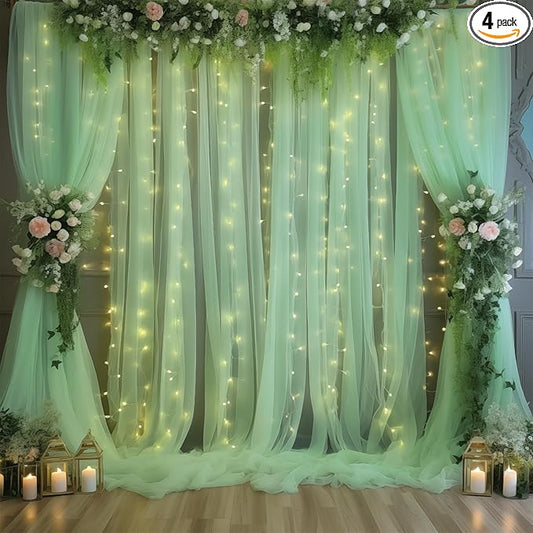 20×10ft Green Tulle Backdrop Curtain with Lights String for Parties, Sheer Photo Backdrop Curtains for Wedding Party Photography Background
