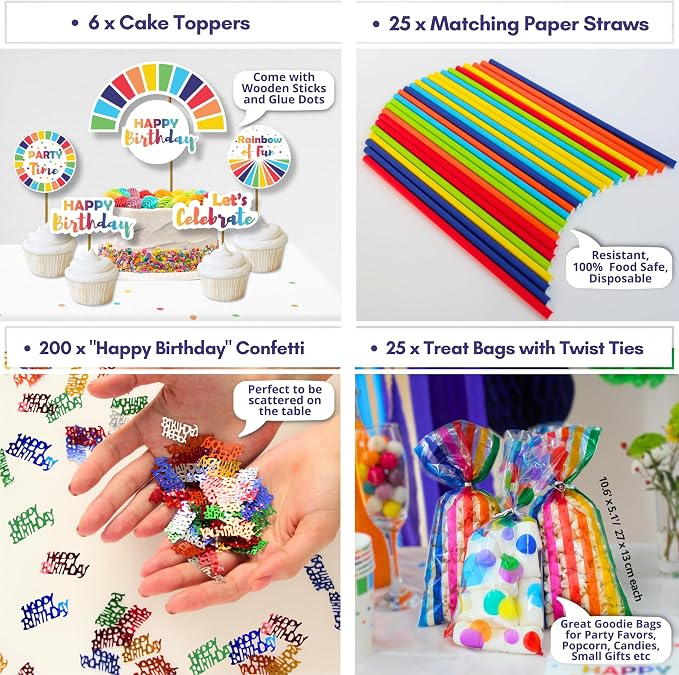 489 Pc Rainbow & Colorful Birthday Party Decorations Kit 25 Guests | Rainbow balloon arch, banner, tableware, cake toppers & sash; reusable, indoor/outdoor party kit for boys & girls, serves 25