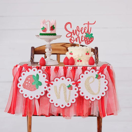 Strawberry First Party Decorations Highchair Banner 1st Crown One Cake Topper Sweet One Birthday Party Supplies