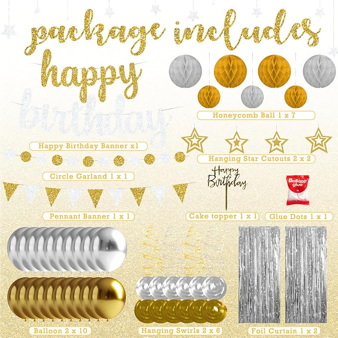 Gold and Silver Birthday Party Decorations Set - Happy Birthday Banner Balloons Foil Curtains Hanging Swirls for Men Women Birthday Party Supplies