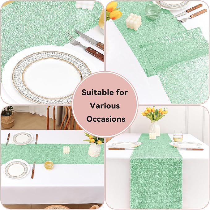 Sugargirl 10 Packs 12 x 72 inches Sequin Table Runner, Glitter Mint Green Table Runner for Birthday Party Supplies Wedding Holiday Celebration Event Decorations