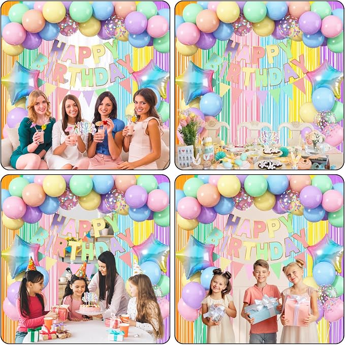 Jobkoo Pastel Birthday Decorations for Girls, Macaron Rainbow Pastel Color Balloons Reusable Happy Birthday Banner Sign Fringe Curtain Backdrop Cake Toppers for Kid Spring Baby Shower Party Decoration