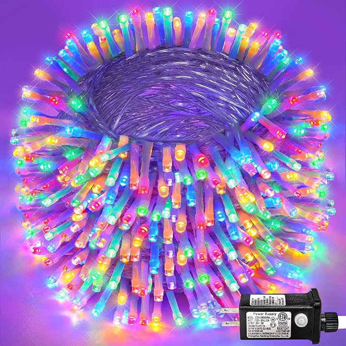 600 LED Christmas Lights Outdoor, 197 FT Christmas String Lights Indoor with Waterproof 8 Modes Clear Wire, Plug in Twinkle Fairy Lights for Outside Patio Bedroom Tree Party Decorations, Multicolor