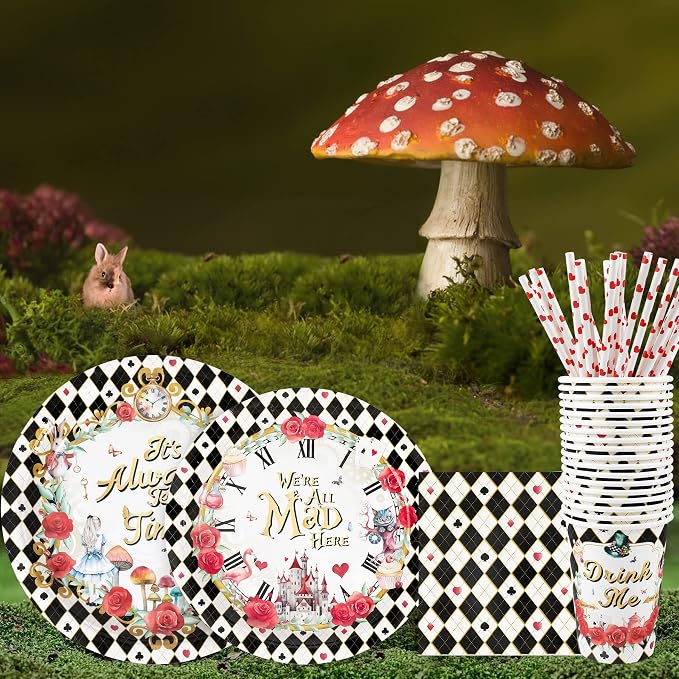 Alice Tea Party Decorations - Baby Shower Paper Plates, Napkins, Cups & Straws for 24 Guests, 120 Pcs Disposable Party Dessert Dinnerware