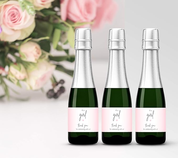 It’s a Girl Mini Champagne Bottle Labels ● SET of 12 ● Pink Baby Shower Mini Champagne Label, About to POP Thank You for Celebrating with us Favors Stickers Gender Reveal WATERPROOF (Minimalist)