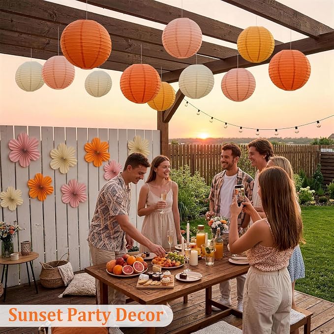 Pink and Orange Party Decorations, 18Pcs Paper Lanterns & Flower Fans Set | 8"-14" layered hanging decor for one sweet birthdays, sunset parties, citrus spritz themes, bridal showers and baby showers
