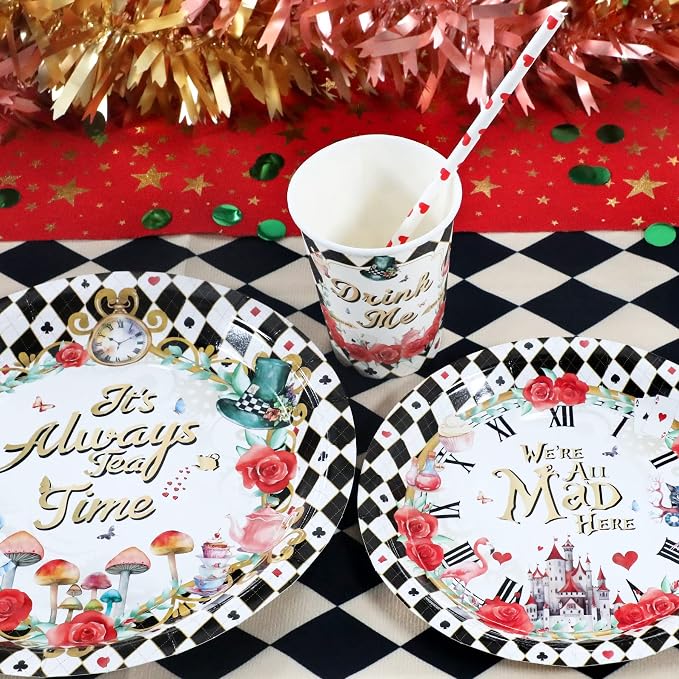 Alice Tea Party Decorations - Baby Shower Paper Plates, Napkins, Cups & Straws for 24 Guests, 120 Pcs Disposable Party Dessert Dinnerware