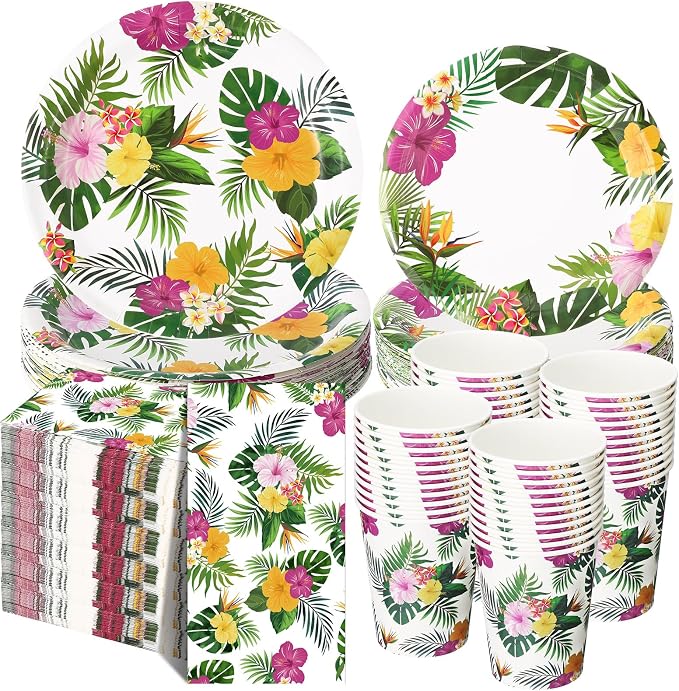 Pickmesh 250 Pcs Hawaiian Paper Napkins Plates Cups Set Tropical Nights Luau Party Supplies Hawaii Aloha Disposable Tableware for Summer Birthday Pool Beach Dinner, Serve for 50 Guests(Green,Flower)
