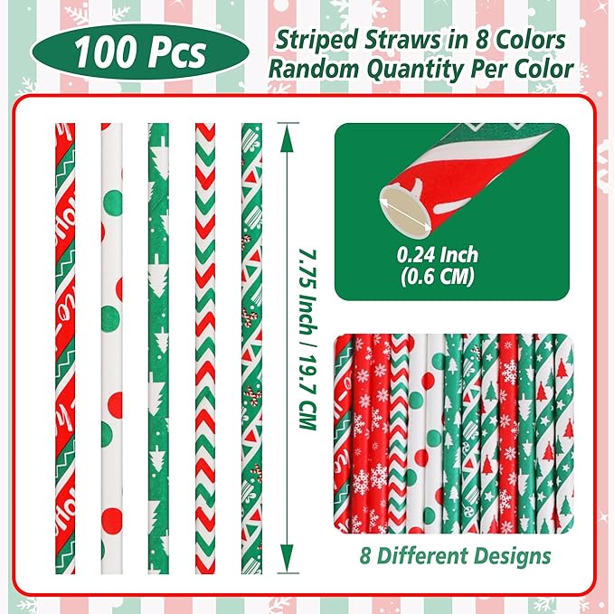 BEISHIDA 100 Pcs Christmas Paper Straws, Biodegradable Christmas Party Straws for Drinking, Thanksgiving, New Year and DIY Decorations