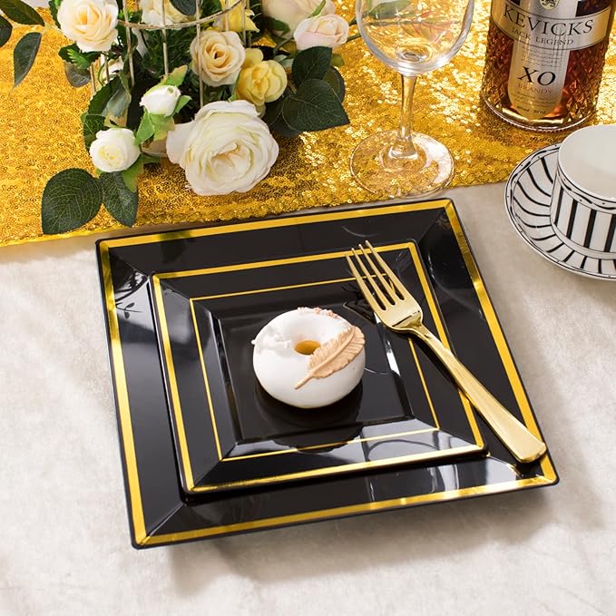 WDF 125Pieces Black Square Plastic Plates with Gold Rim Gold Disposable Silverware - include 25Pcs Dinner Plates,25Pcs Dessert Plates,25 Forks, 25 Knives, 25 Spoons for Graduation Wedding Party