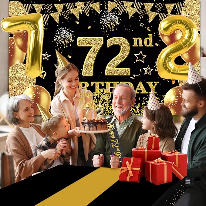 72nd Birthday Decorations Men Women With 72nd Birthday Banner, Black And Gold Table Cloth,Number Balloons, Sash, Cake Topper and Candles