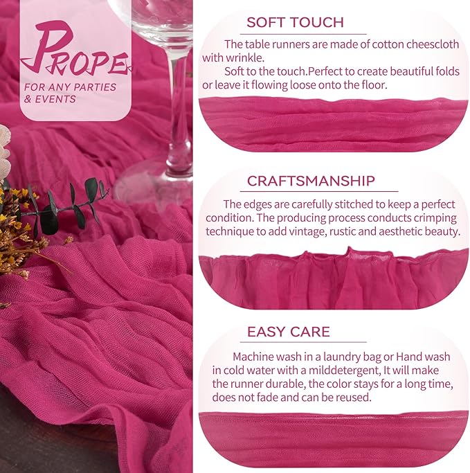 10 Packs Cheesecloth Table Runner, 10Ft x 35" Rose Red Rustic Gauze Boho Wedding Table Decor, Hot Pink