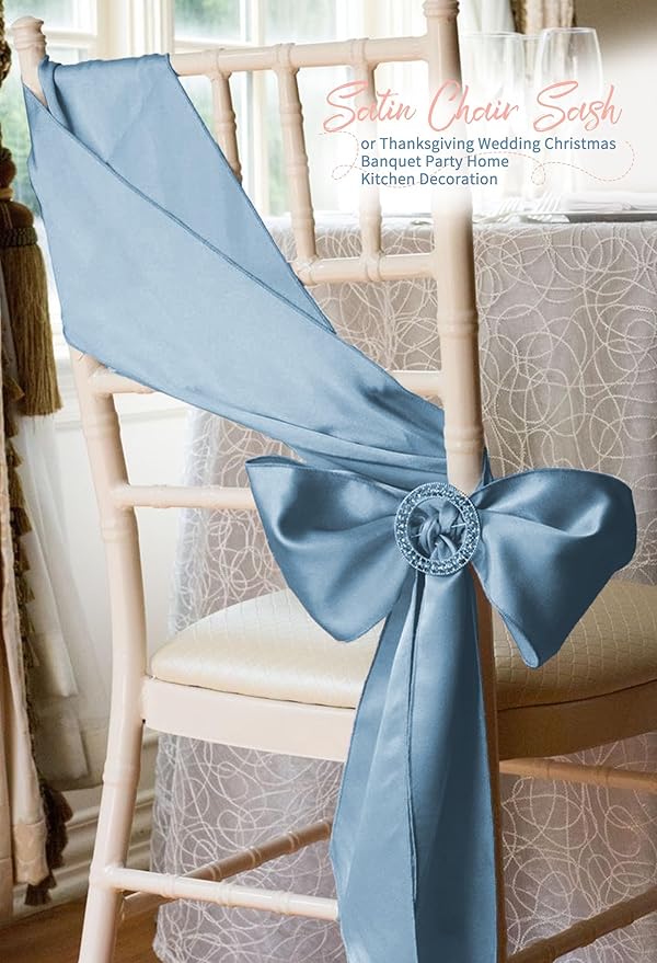 60 PCS Dusty Blue Satin Chair Sashes, Ties Bows Designed Chairs Decorative, Chair Cover Sashes for Thanksgiving Wedding Christmas Banquet Party Home Kitchen Decoration (7 x 108 inch)