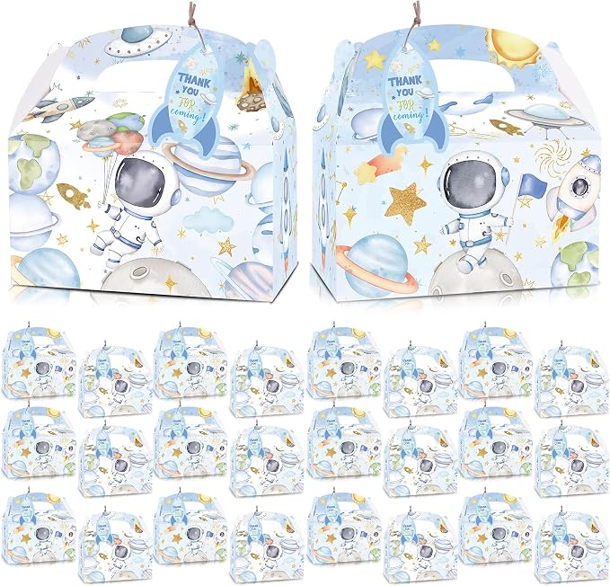 HAPPARTY 24PCS Blue Space Astronaut Party Favor Gift Boxes for Boy With Thank You Tags, First Trip Around the Sun Candy Treat Goodie Bags Boxes for Boy Birthday Baby Shower Decorations
