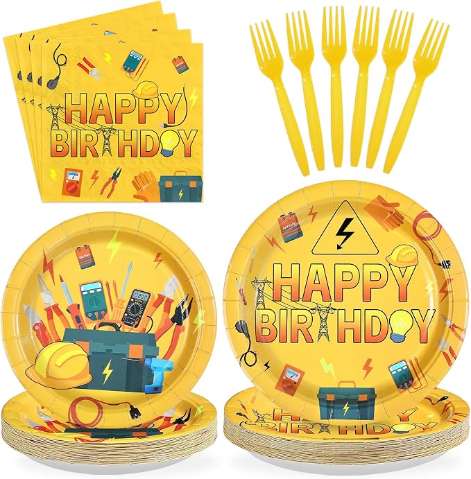 96Pcs Electrician Birthday Party Decorations Electrician Lineman Plates and Napkins Handyman Tools Decoration for Man Congrats Grad Construction Builder Carpentry Party Supplies Serves 24