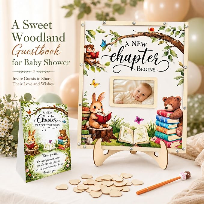 A New Chapter Begins Baby Shower Decorations,Storybook Baby Shower Guest Book Alternatives with Pen,Photo Frame and 60 Heart Wood Slices for 60 Guests,Book Themed Party Decoration