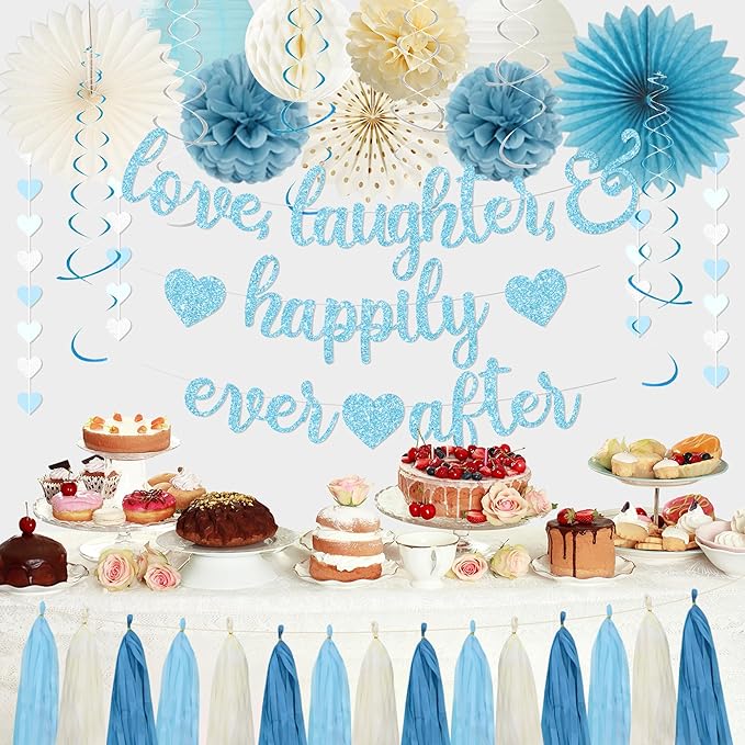 Roetyce Engagement Party Decorations, Blue Glitter Love Laughter & Happily Ever After Banner for Bridal Shower, Wedding Bachelorette Party Backdrop, Almost Married/Just Engaged Photo Background Decor