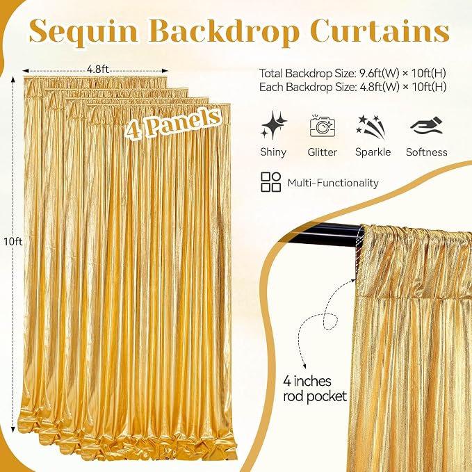 Gold Curtains Sequin Backdrop Ceilings: Glitter Drapes Family Ramadan Reunion Background Cover Wedding Birthday Parties Spandex Arch 4.8ftx10ft 4 Panels