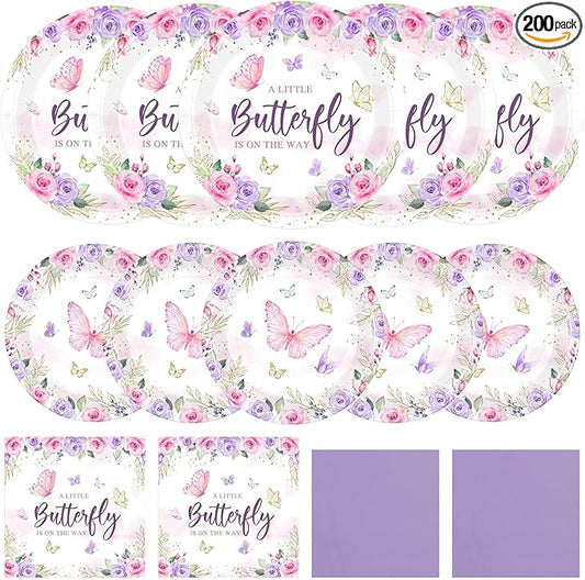 Funnymoom 200 Pcs Butterfly Baby Shower Party Supplies Kit A Little Butterfly Is on the Way Disposable Paper Dinner Dessert Plates Napkins for Birthday Bridal Baby Shower Wedding 50 Guests Party