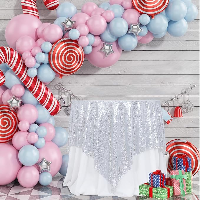 Poise3EHome Silver Sequin Tablecloth 90×90 Inch Square Sequin Fabric Table Cover Overlay for Christmas Baby Shower Birthday Party Wedding Holiday Cake Table Decoration