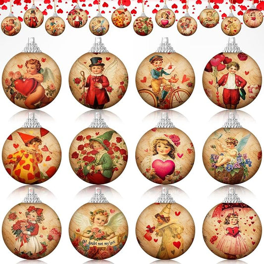 Outus 24 Pcs Valentine's Day Tree Ornaments Ball Vintage Happy Valentine's Day Decorations for Tree Red and Pink Love Kisses Xoxo Pattern Hanging Ornaments Home Farmhouse Holiday Fireplace Party Decor