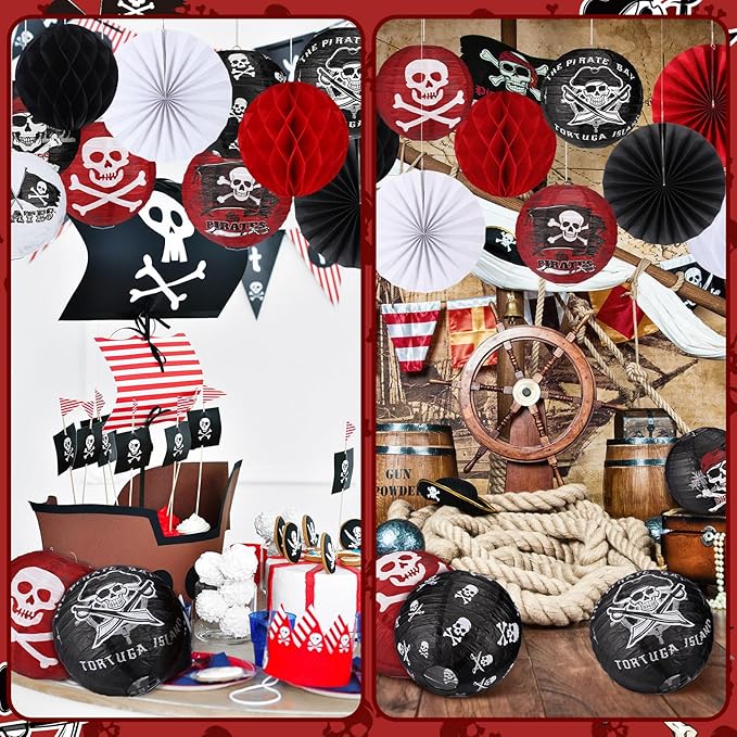 Baquler 18 Pcs Pirate Theme Party Decoration Pirate Skull Hanging Paper Lantern Fans Black Red Honeycomb Ball for Nautical Birthday Party Ornament Ceiling Decor Supplies