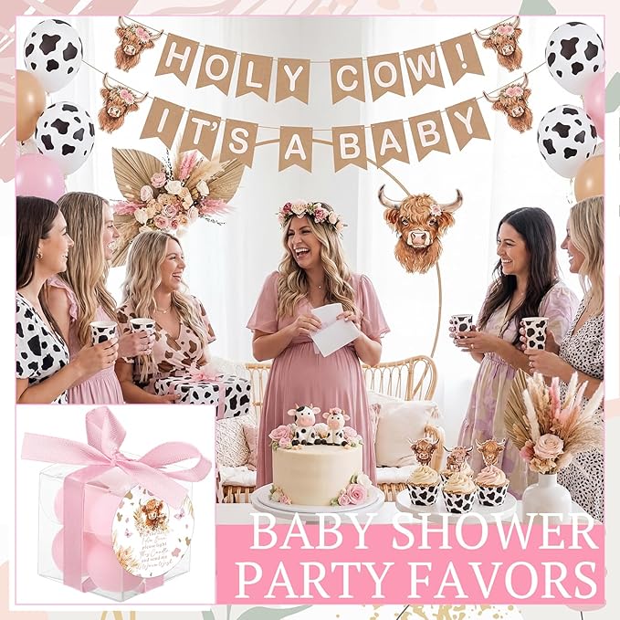 MTLEE 24 Sets Cow Baby Shower Favors Party Candle Small Bubble Candle Baby Shower Favors for Guests Tea Candles Bulk with Stylish Ribbons Cards Gifts(Pink, Cow)