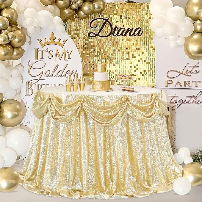 B-COOL Round Sequin Tablecloth Draping Decorations: Light Gold Tablecloths Sequin Overlay Shimmer Fabric for Birthday Dinner Parties Graguation 120 Inch