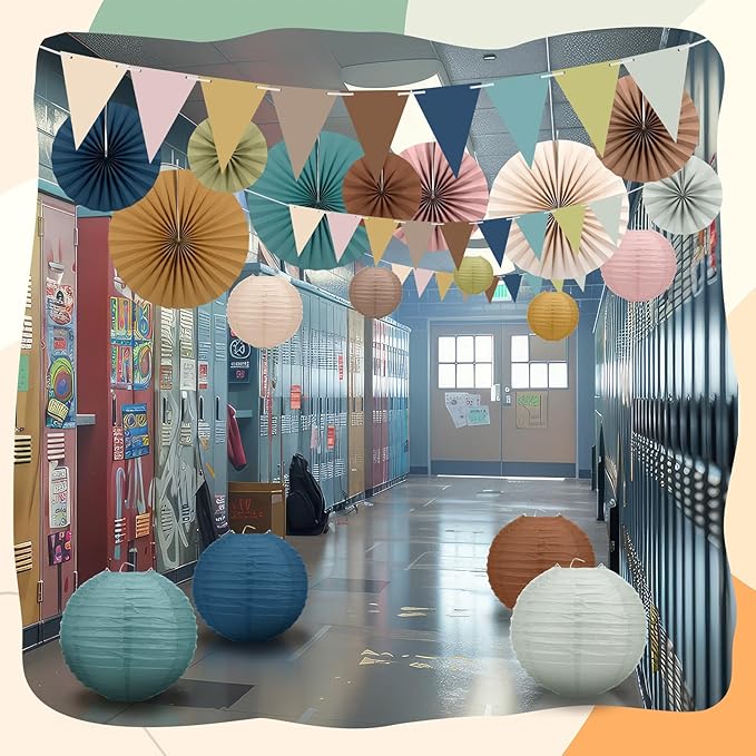 Kosiz 21 Pcs Boho Party Decoration Back to School Hanging Paper Fans Triangle Flags Paper Lanterns Set First Day of School Wall Hanging Fans for Classroom Decor Birthday Baby Shower Wedding