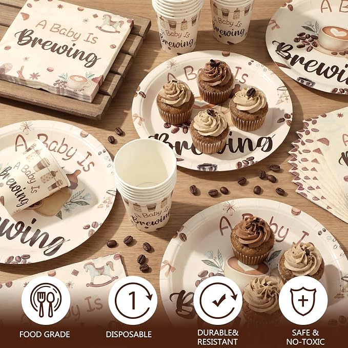 Hushee 200 Pcs a Baby Is Brewing Baby Shower Paper Plates Cups Napkins Coffee Party Supplies Tableware Set Decorative Disposable Cup Napkin for 50 Guest Party Decoration