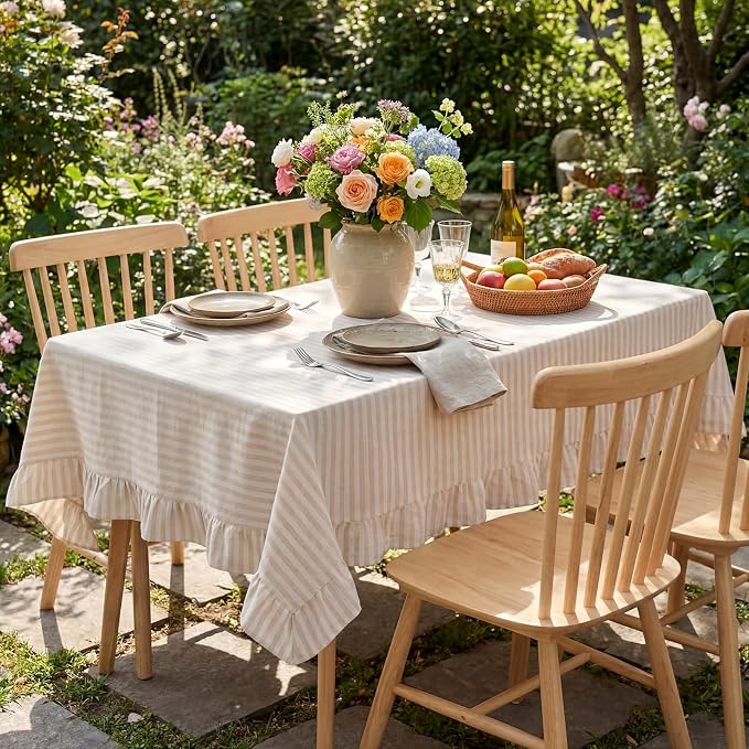 Boao Cotton 52 x 70 Inch Farmhouse Ruffle Tablecloth Beige White Striped Flounces Trim Table Cover for Rectangle Table Kitchen Party Wedding Decor
