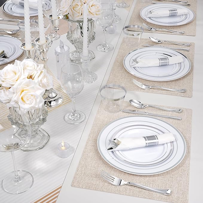 175 PCS White and Silver Plastic Dinnerware Set for 25 Guests, 50 Disposable Plates for Party, 25 Pre Rolled Napkins with Silver Silverware, 25 Cups